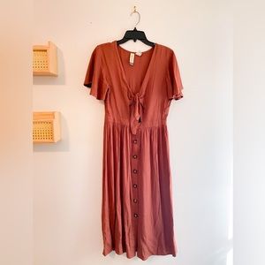 Mimi Chica dusty rose button down dress with tie knot front and cut out opening